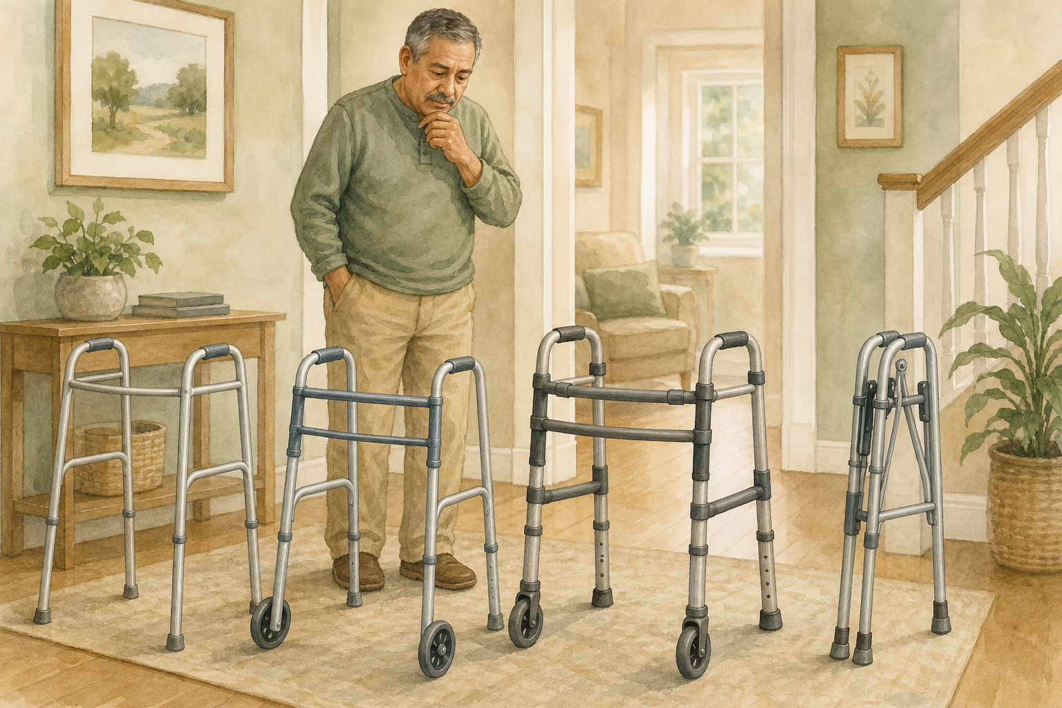 Older man comparing several walker styles in a home hallway.