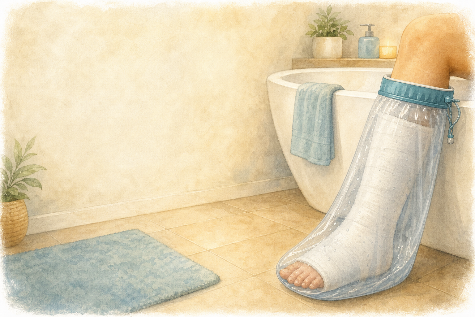 Cast Covers: Home Care Compass hero illustration: warm, plain bathroom home-safety scene for older adults; no text in the image.