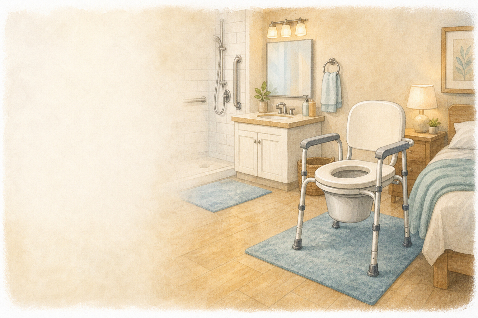 Commodes: Home Care Compass hero illustration: warm, plain bathroom home-safety scene for older adults; no text in the image.