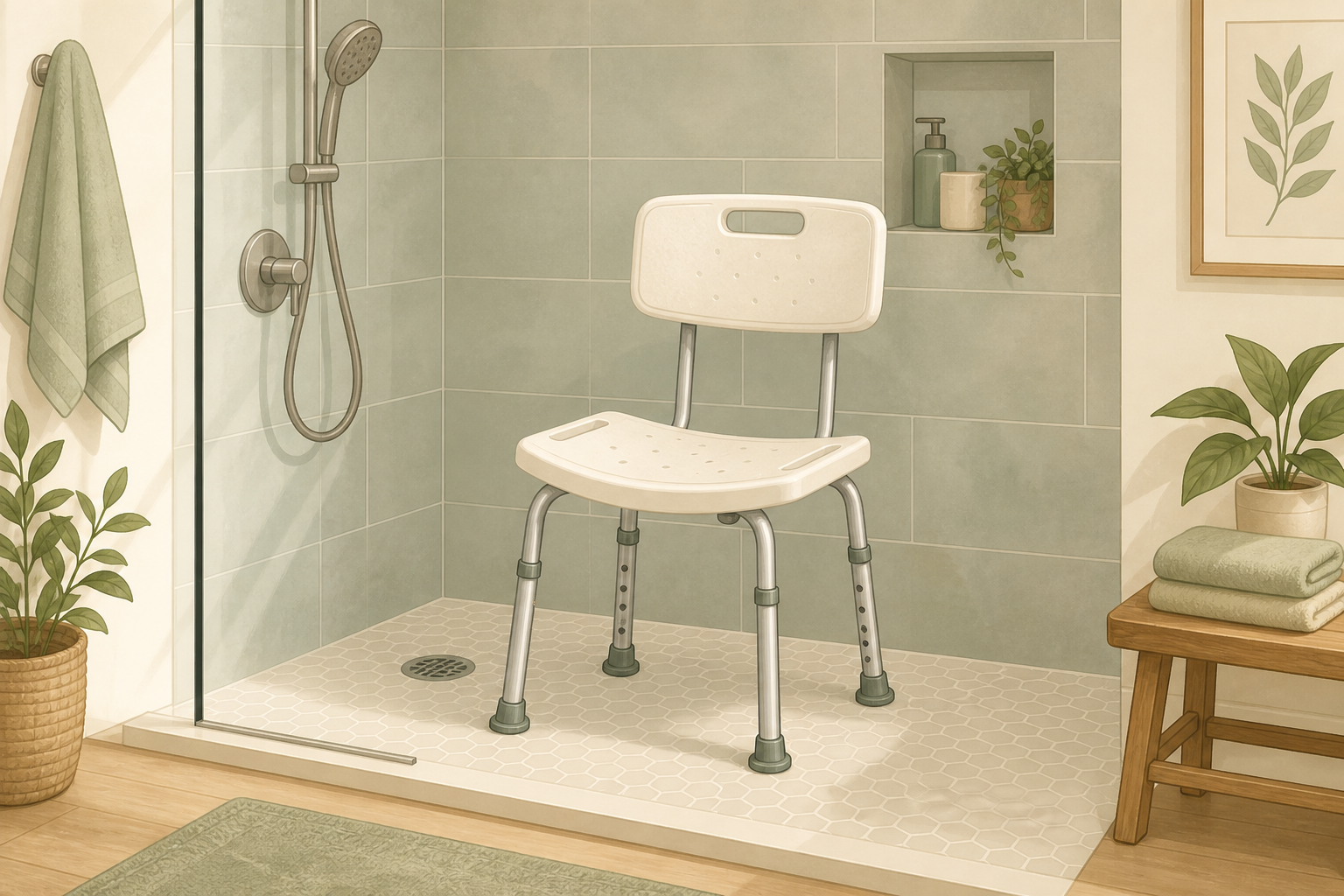 Illustration of a shower chair with back in a walk-in shower.