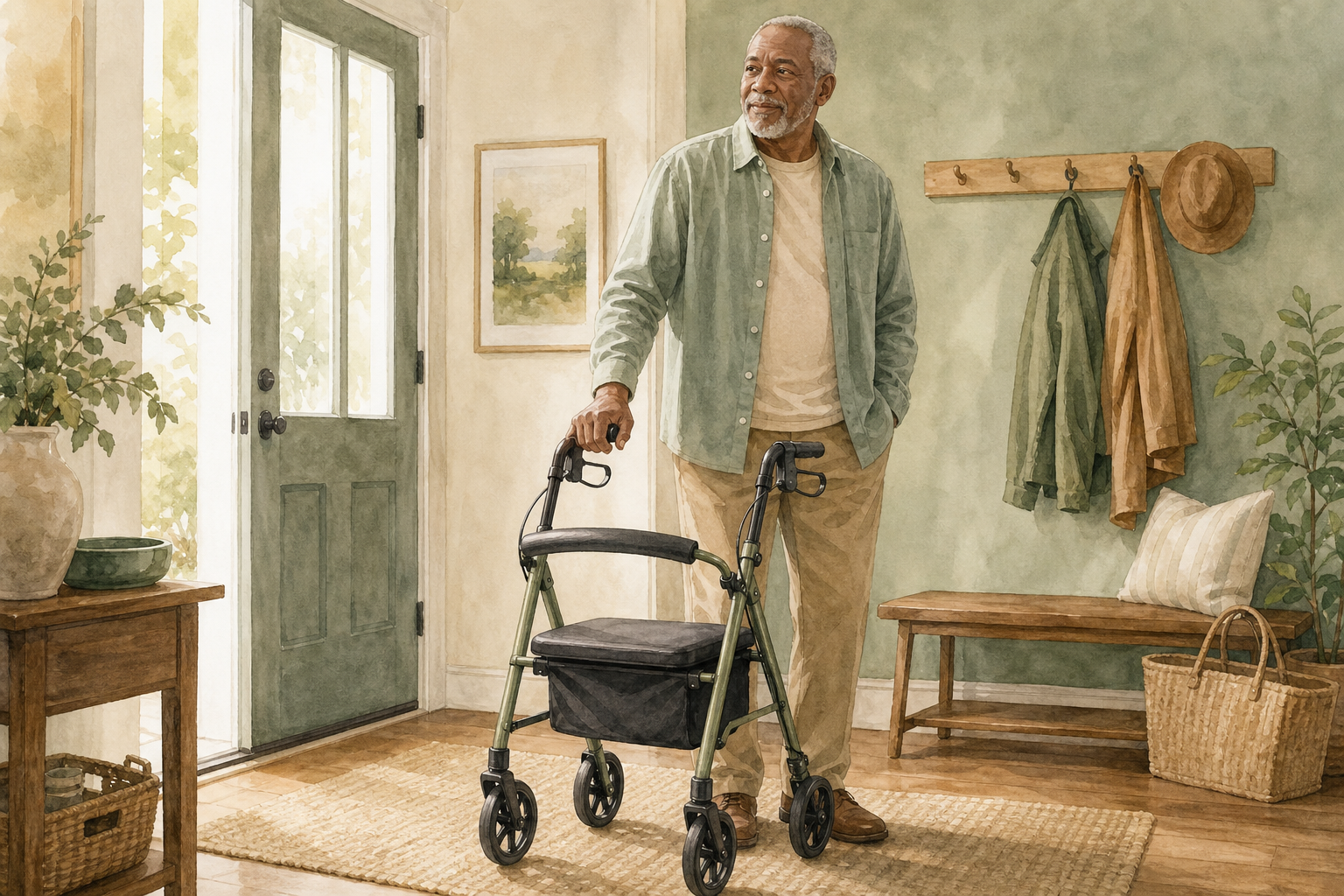 Older man standing with a four-wheel rollator near a home entrance. Illustration, not the exact reviewed product.