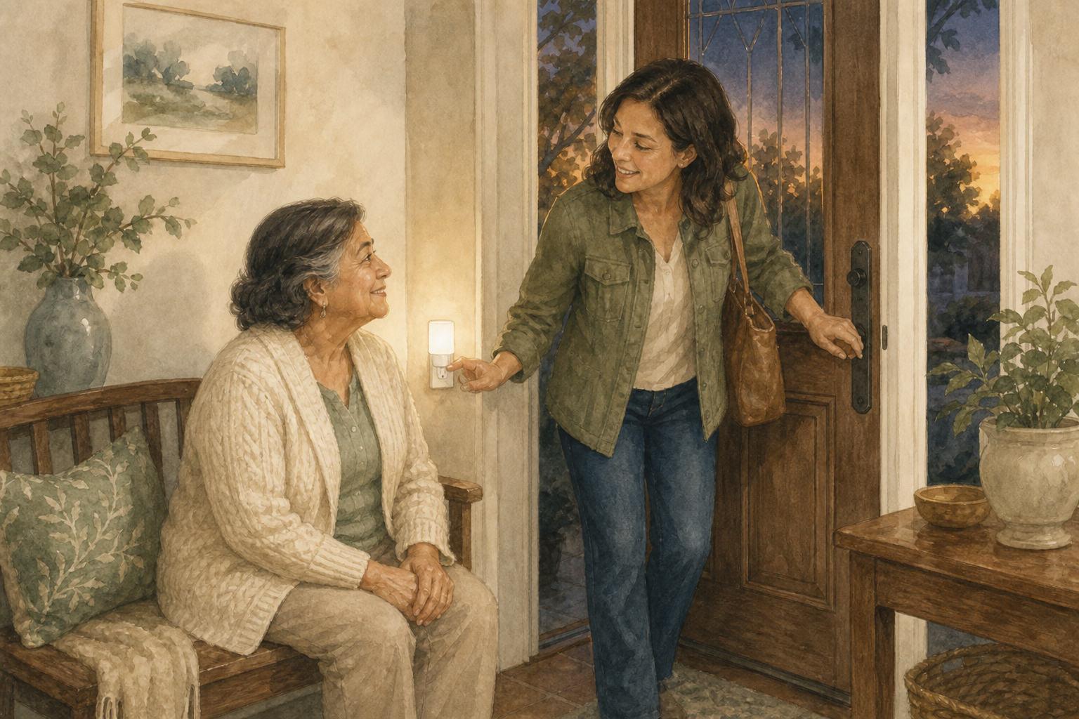 Dusk To Dawn Night Light — Home Care Compass hero illustration for families; warm editorial style; no text in the image.