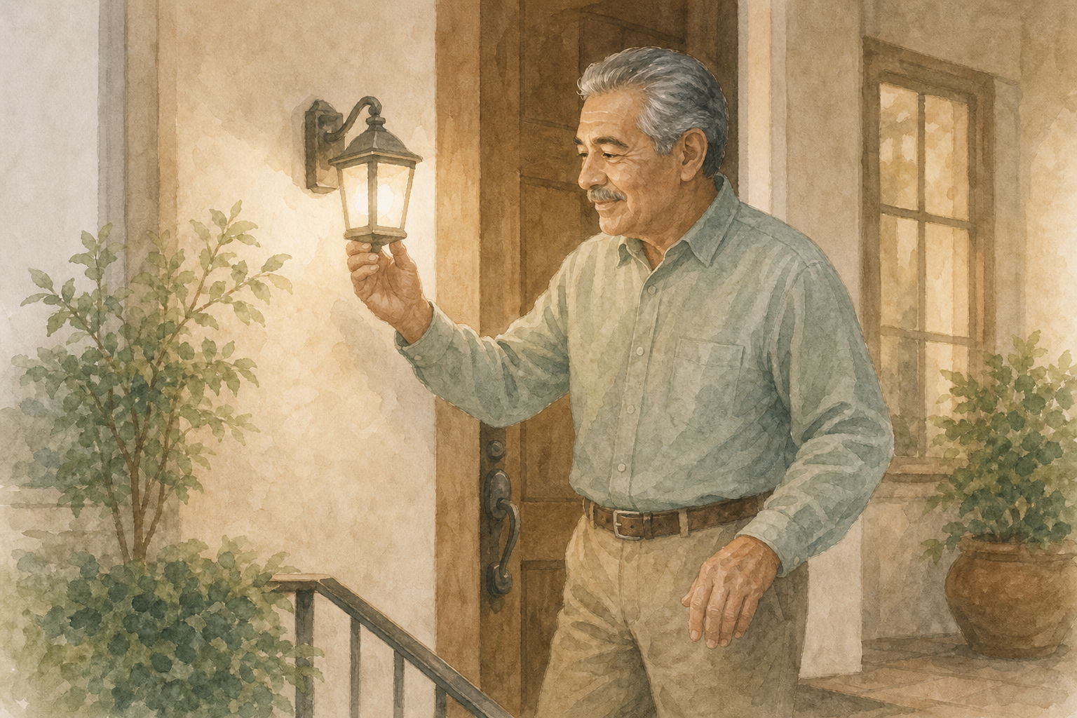 Entryway Lighting — Home Care Compass hero illustration for families; warm editorial style; no text in the image.