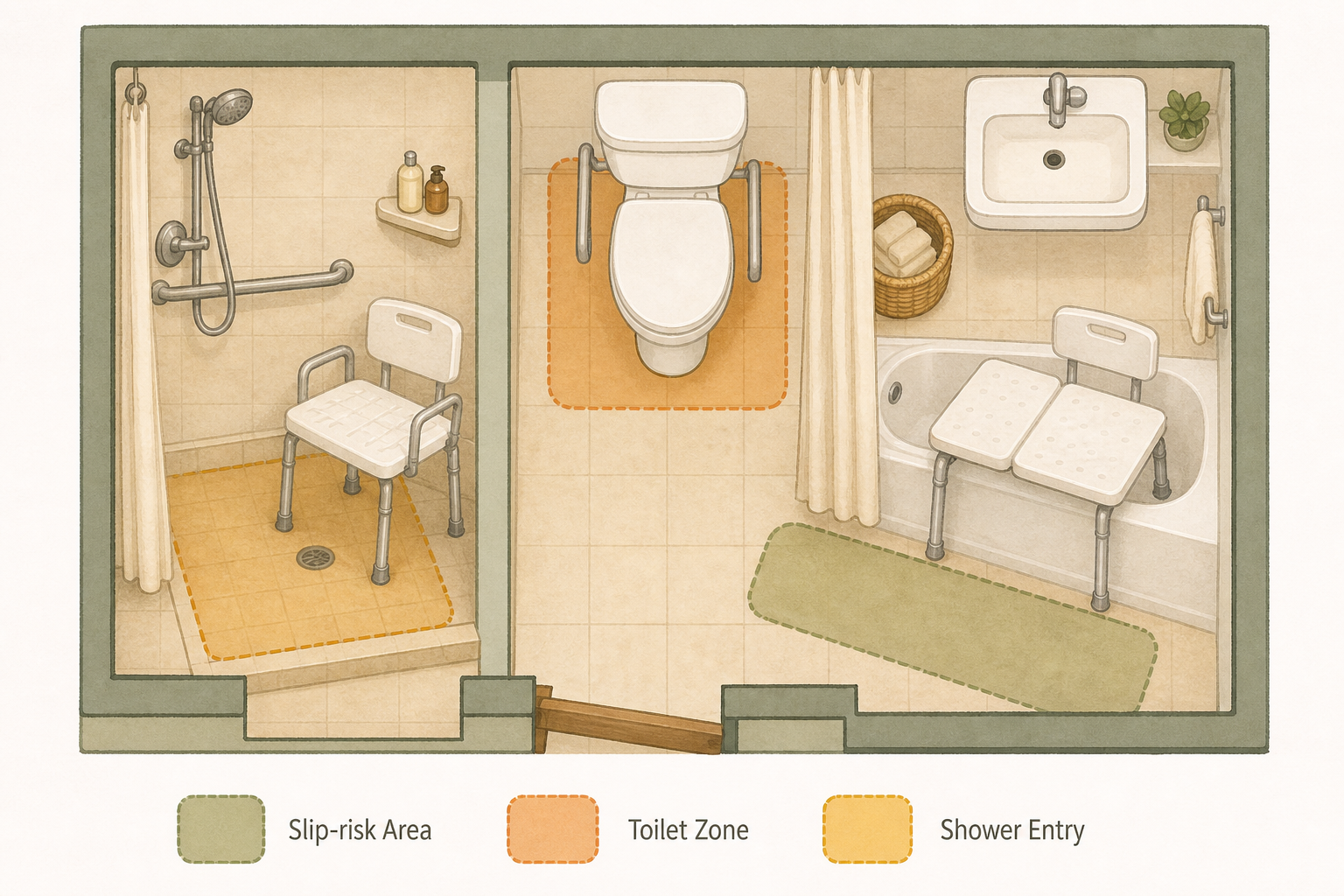 Illustration of a simplified bathroom floor plan with highlighted safety areas.