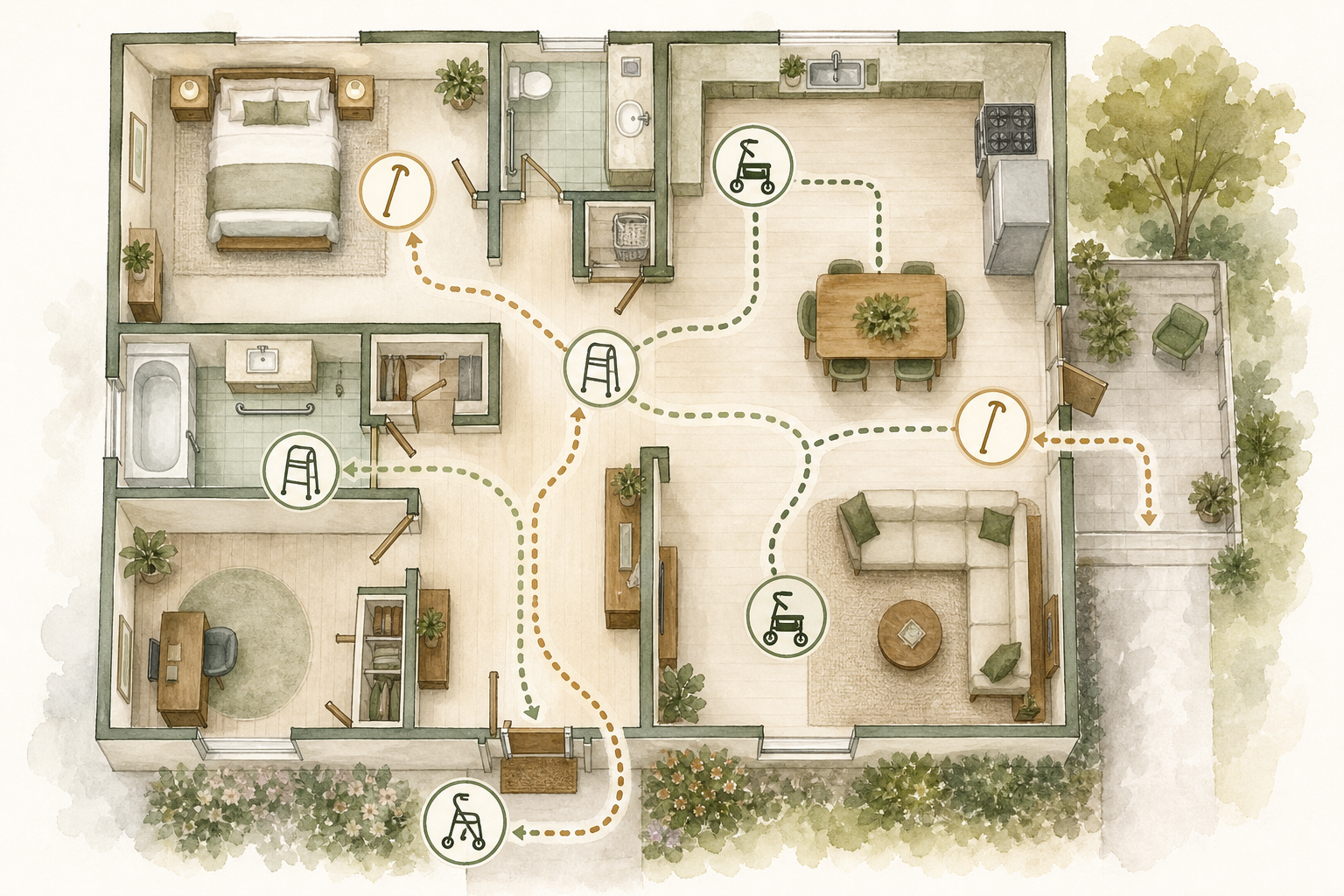 Home floor plan showing routes to guides for canes, walkers, rollators, wheelchairs, scooters, and other mobility aids.
