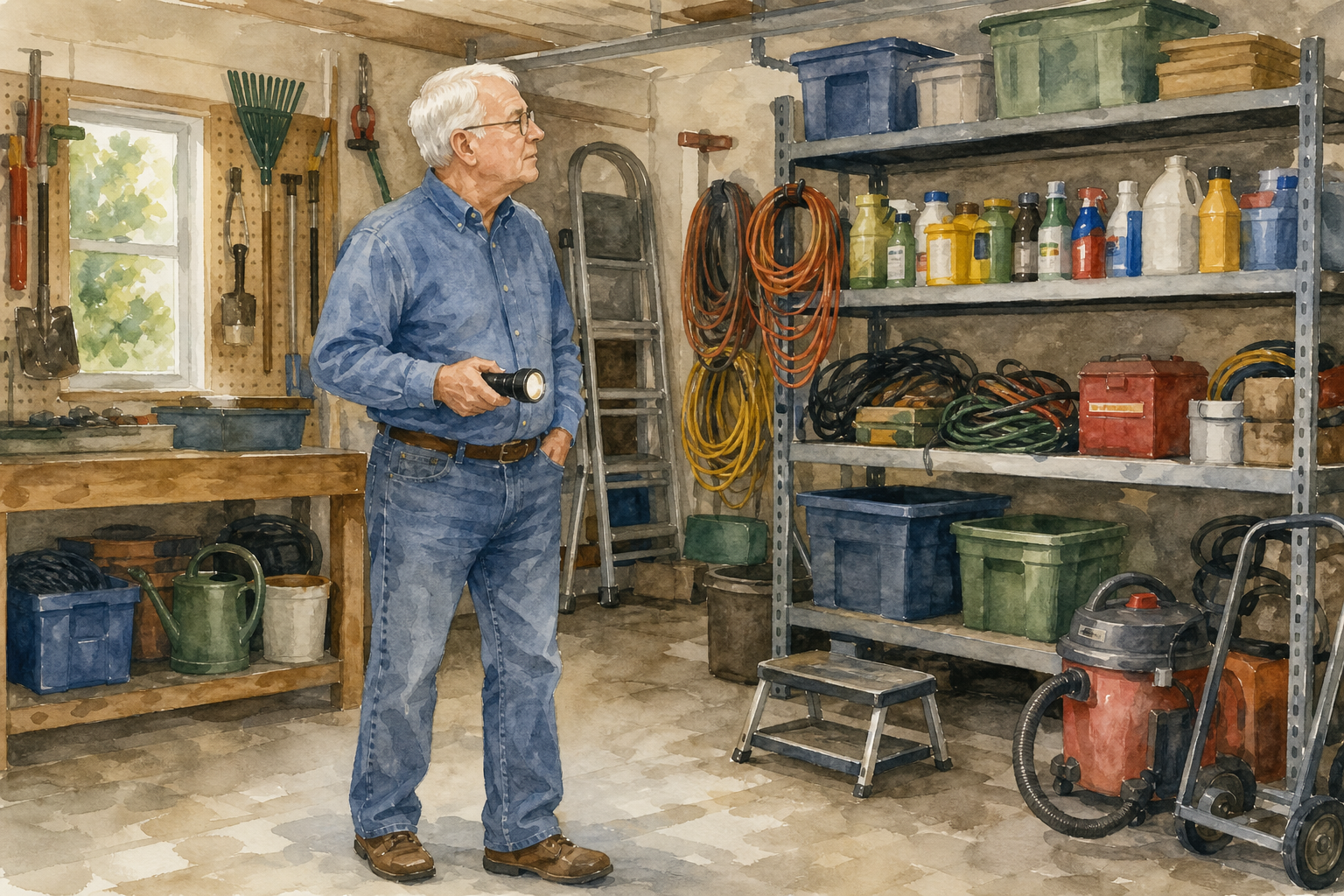 Watercolor illustration: older white man alone scanning a home garage for clutter, cords, and chemical storage on shelves.