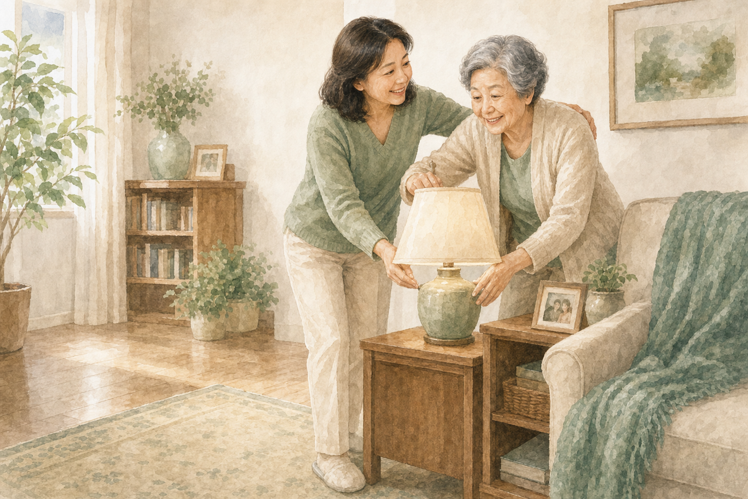 Glare Reduction Lighting — Home Care Compass hero illustration for families; warm editorial style; no text in the image.