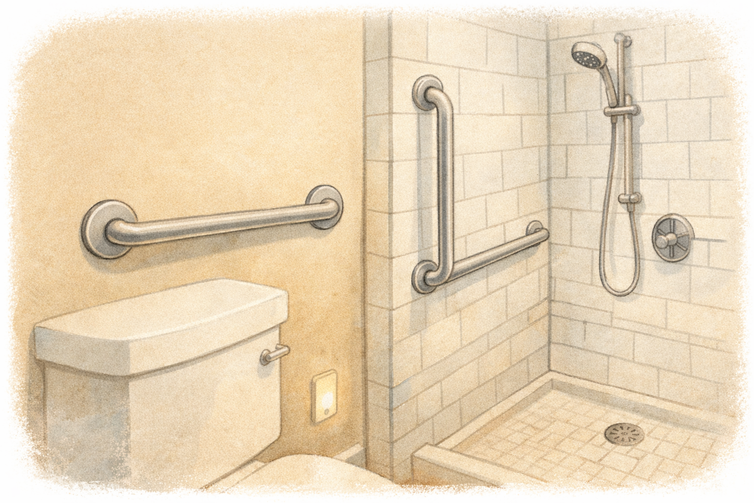 Grab Bars: Home Care Compass hero illustration: warm, plain bathroom home-safety scene for older adults; no text in the image.