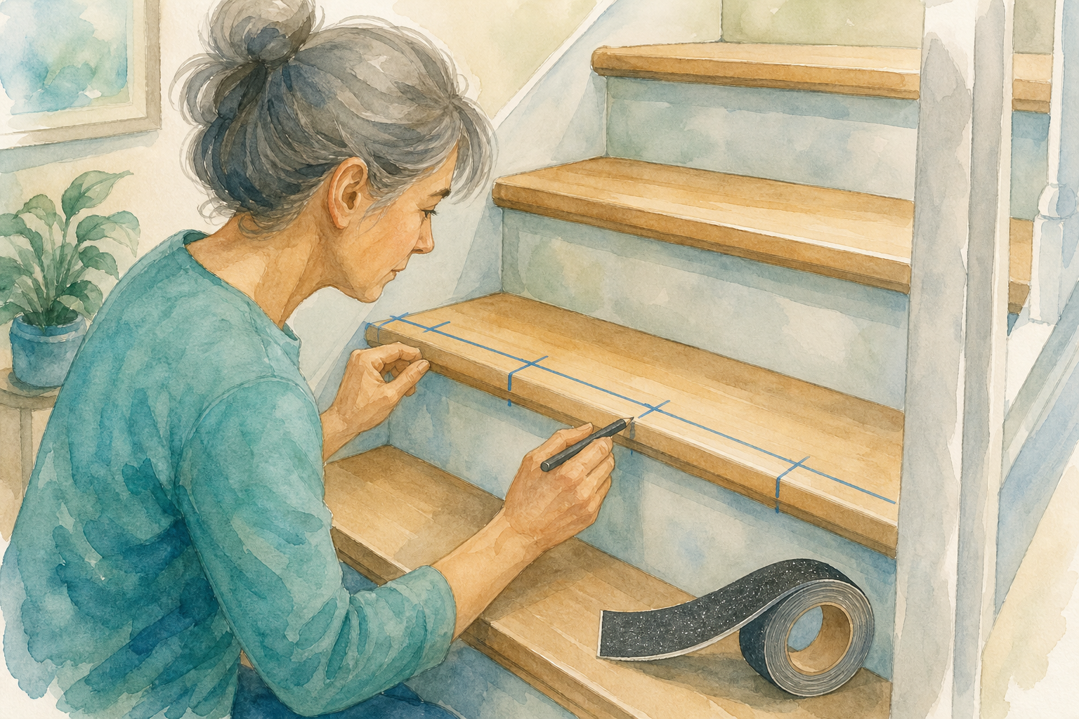 Grip Tape for Stairs: Home Care Compass hero illustration for families; warm editorial style; no text in the image.