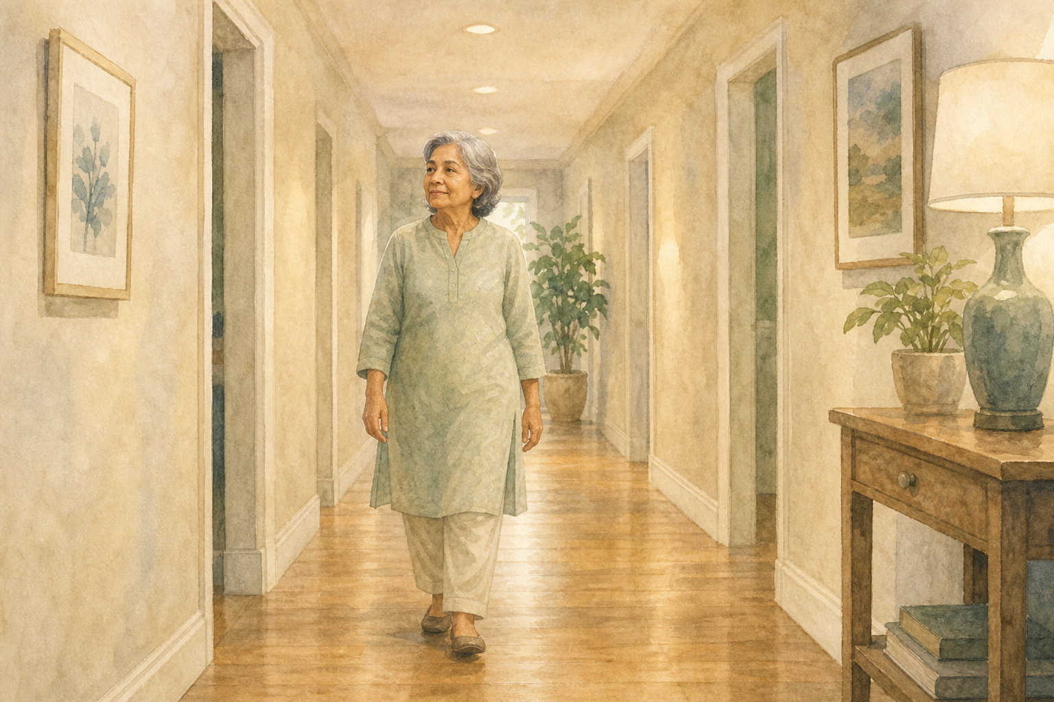 Hallway Lighting — Home Care Compass hero illustration for families; warm editorial style; no text in the image.