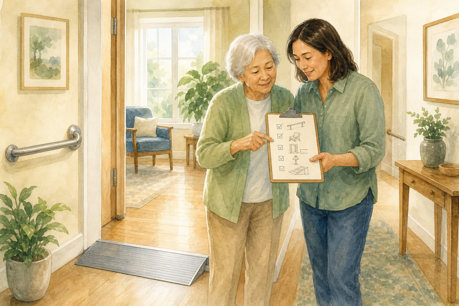 Home Accessibility Improvements — Home Care Compass hero illustration for families; warm editorial style; no text in the image.