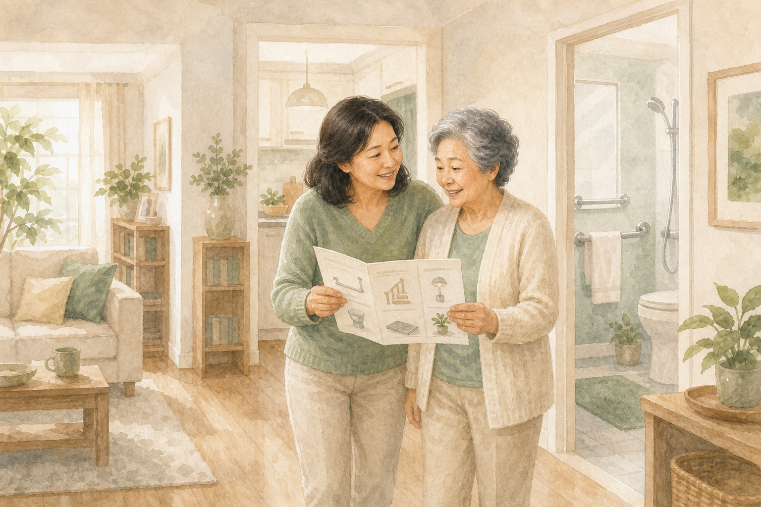 Home Care Guide &amp; Product Finder — Home Care Compass hero illustration for families; warm editorial style; no text in the image.
