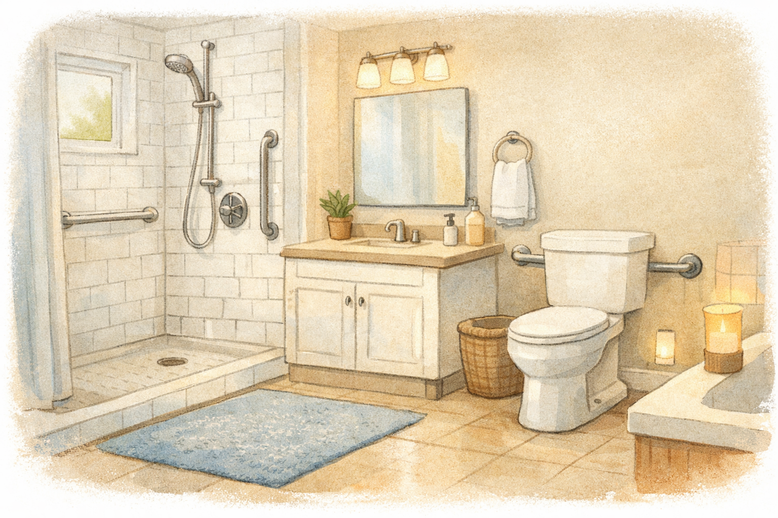 Illustration of a calm bathroom safety planning scene.