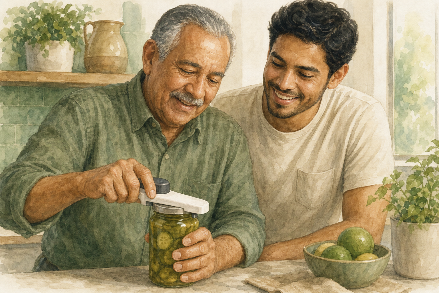 Watercolor illustration: Latino grandfather and adult grandson using a jar opener together at a calm kitchen counter.