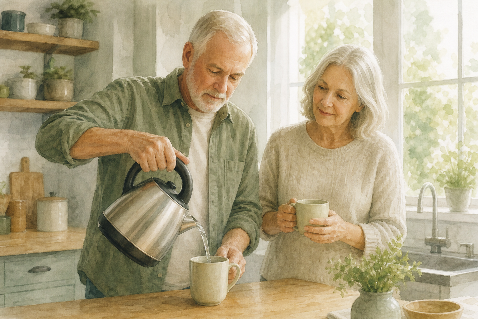 Watercolor illustration: older white couple in a kitchen, one person pouring from a tipped kettle base while the other holds a mug.