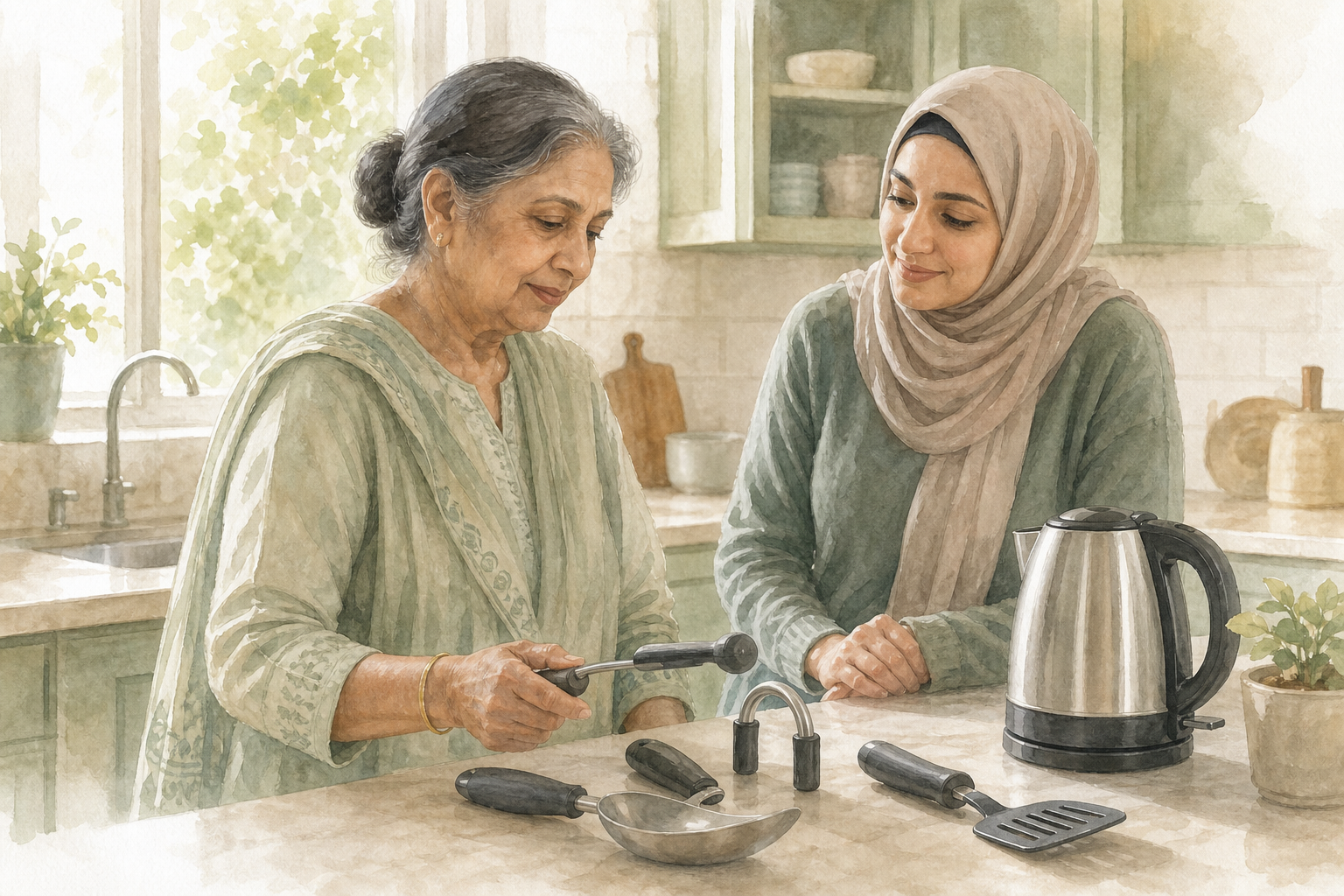 Watercolor illustration: older South Asian woman and adult daughter in a hijab reviewing easy-grip kitchen tools and a kettle at a calm home counter.