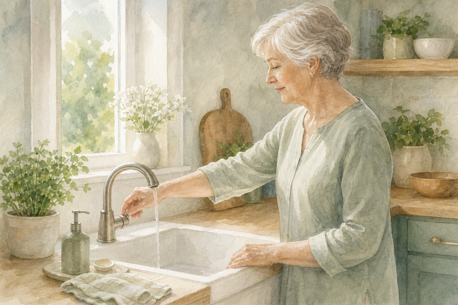 Watercolor illustration: older white woman alone at a bright kitchen sink, turning a lever-handle faucet with one hand.