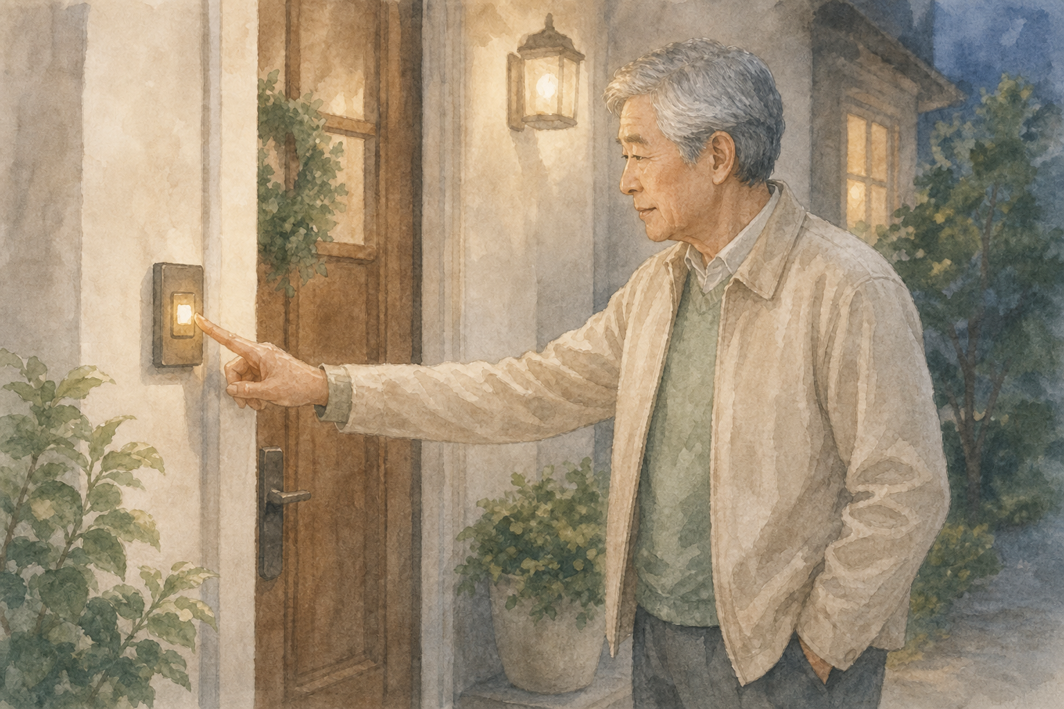 Lighted Doorbell — Home Care Compass hero illustration for families; warm editorial style; no text in the image.