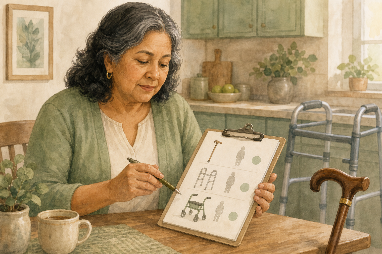 Woman reviewing a cane, walker, and rollator fit checklist.