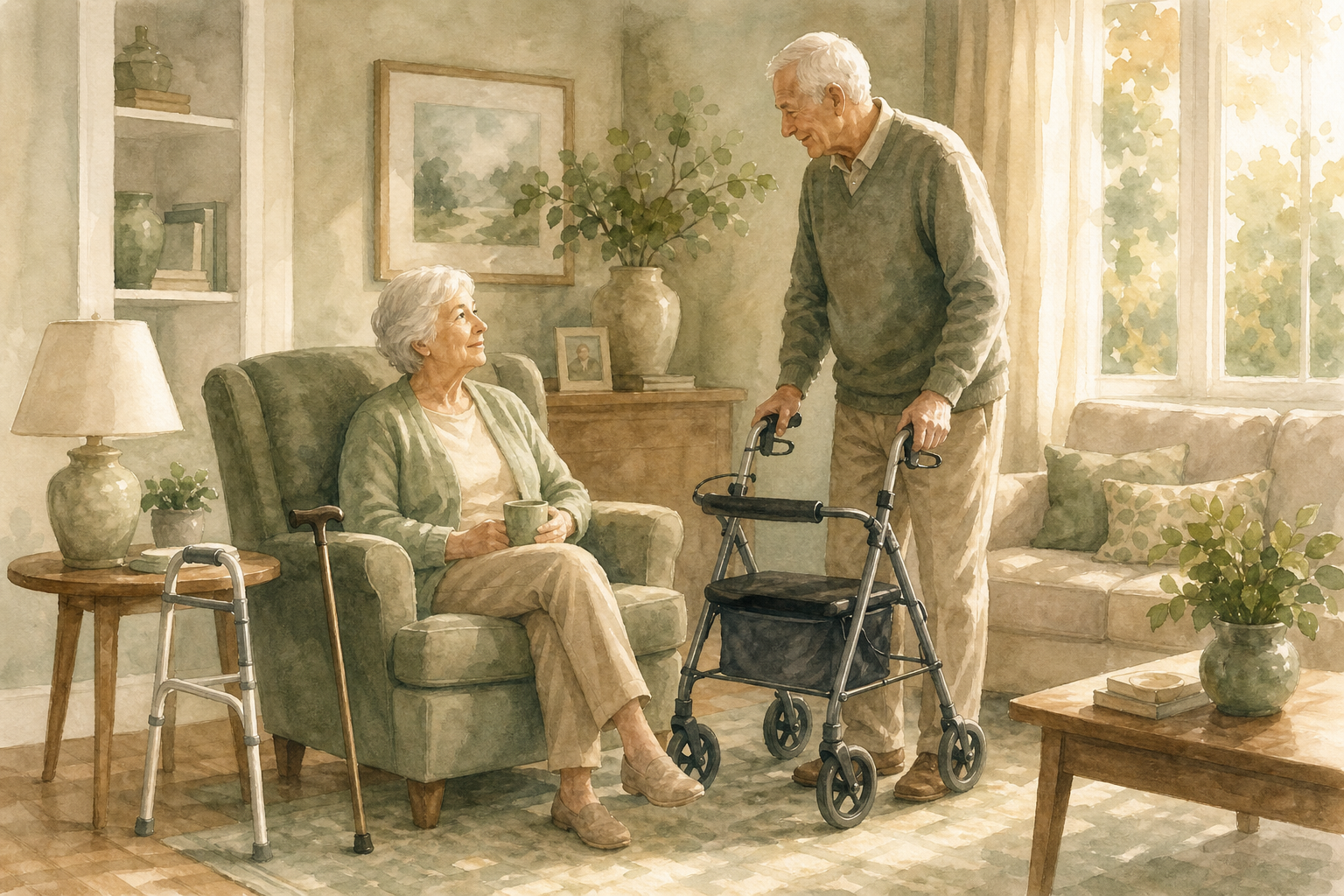 Older couple discussing a cane and rollator at home.