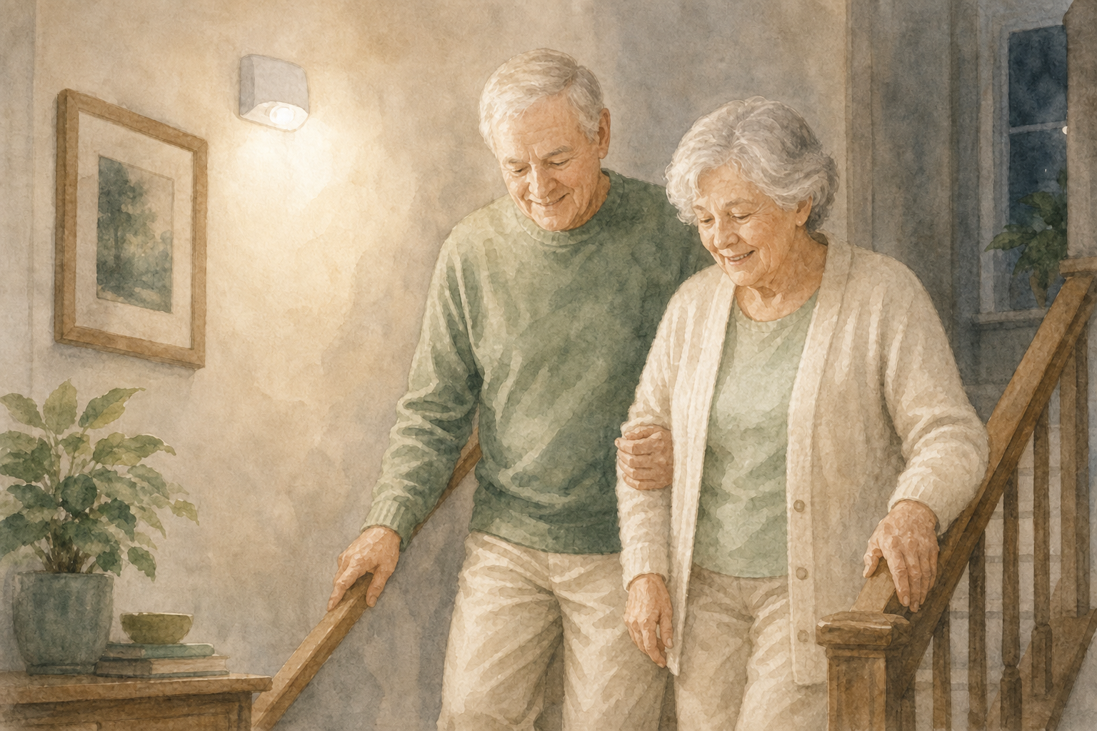Motion Sensor Lights — Home Care Compass hero illustration for families; warm editorial style; no text in the image.