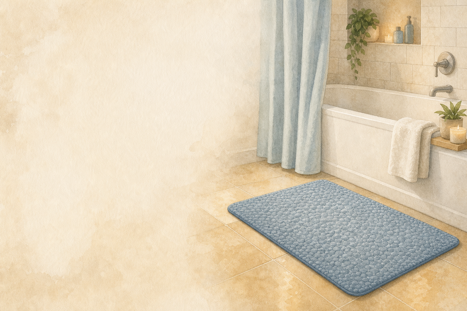 Non-Slip Bath &amp; Shower Mats: Home Care Compass hero illustration: warm, plain bathroom home-safety scene for older adults; no text in the image.