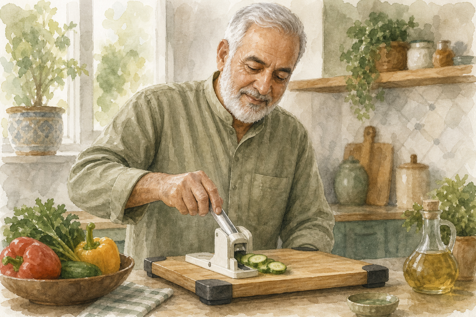 Watercolor illustration: older Middle Eastern man with a prosthetic arm using a one-handed prep tool at a stabilized cutting board.