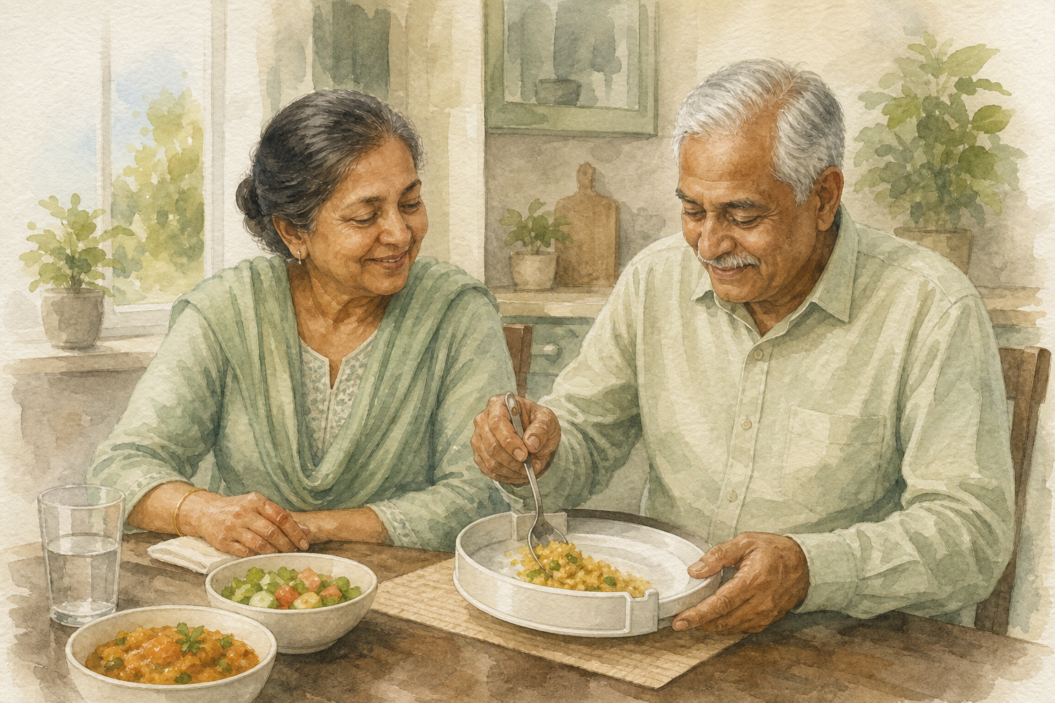 Watercolor illustration: older East Asian couple at a table sharing a meal with a plate-side scooping aid on the dinner plate.