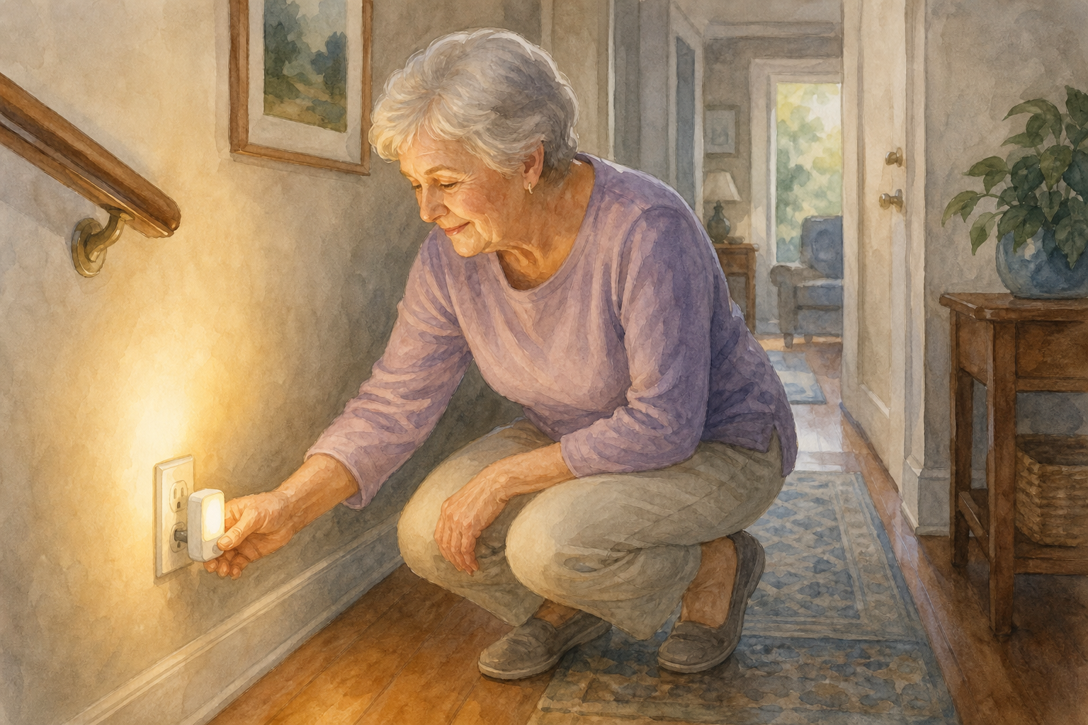 Watercolor illustration: older white woman alone plugging a small portable night light into a hallway outlet with a soft warm glow.