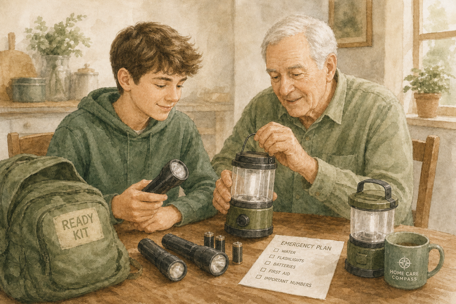 Power Outage Lighting — Home Care Compass hero illustration for families; warm editorial style; no text in the image.