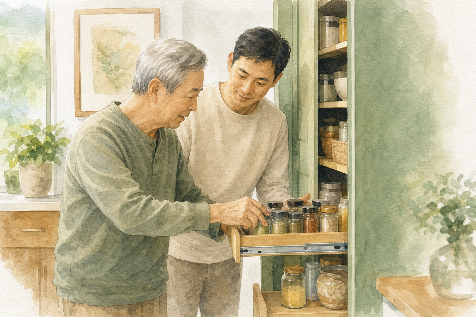 Watercolor illustration: older East Asian man and adult son sliding out a pull-out pantry shelf to reach items without climbing.