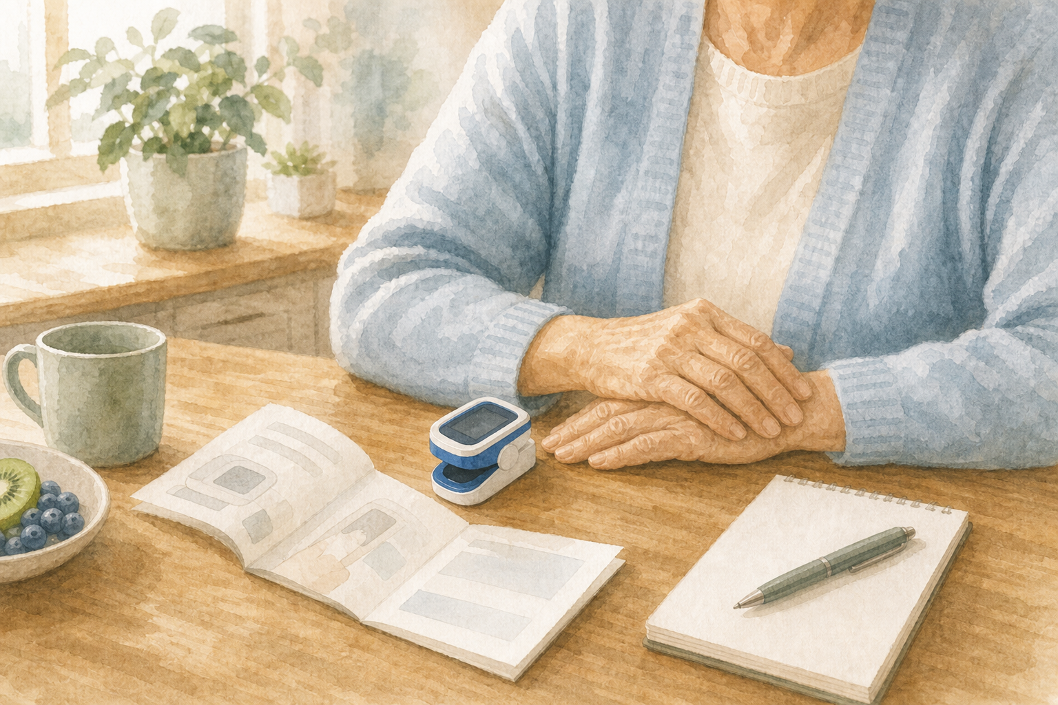 Hands beside a fingertip pulse oximeter, its instructions, and a paper reading log on a home table.