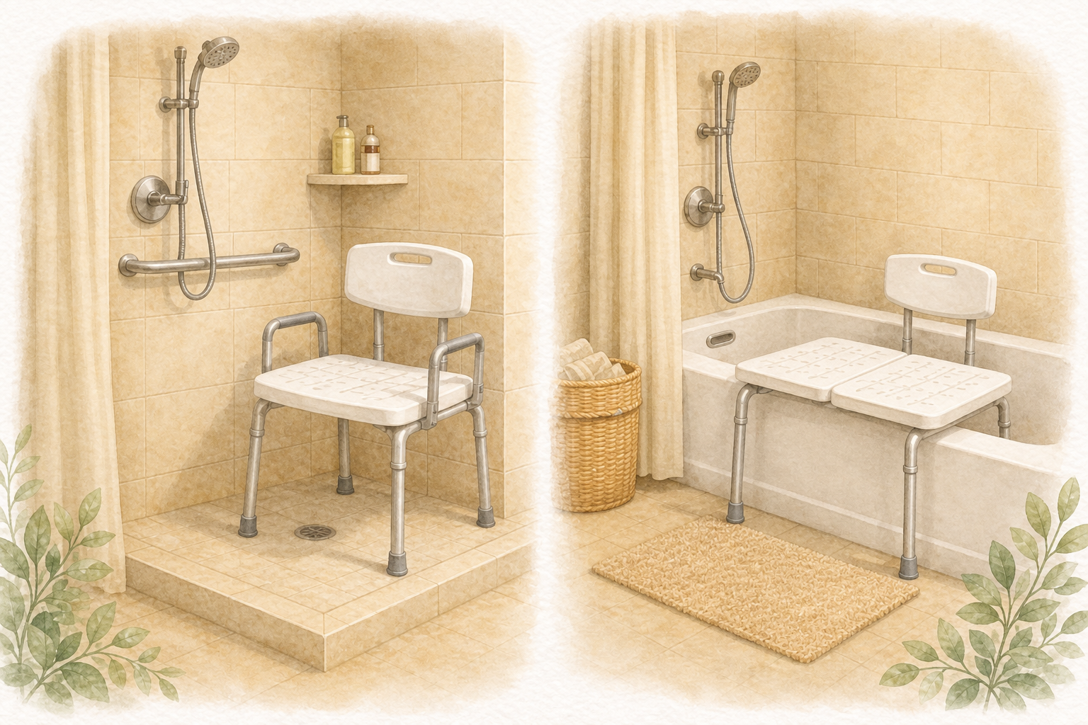 Illustration comparing a shower chair and a tub transfer bench.