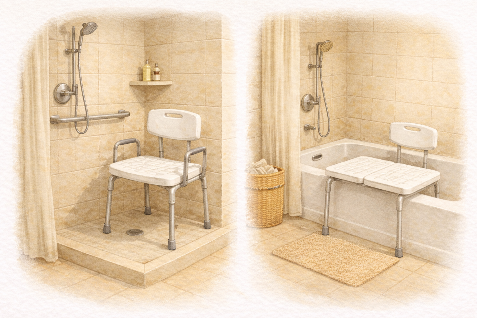 Illustration of shower seating options in a walk-in shower.