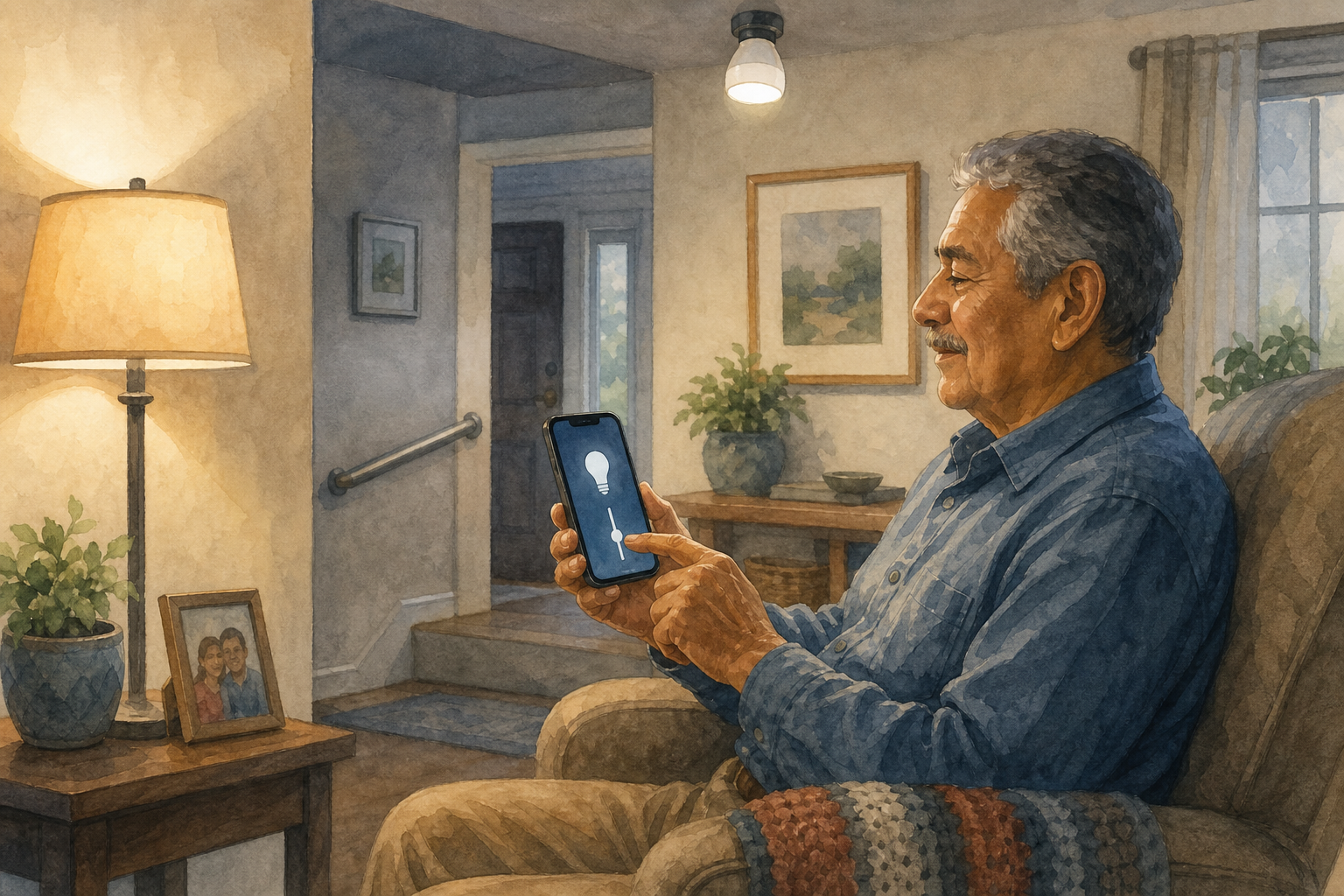 Watercolor illustration: older Latino man alone in a living room chair, dimming a smart bulb with a phone app while a floor lamp glows softly.