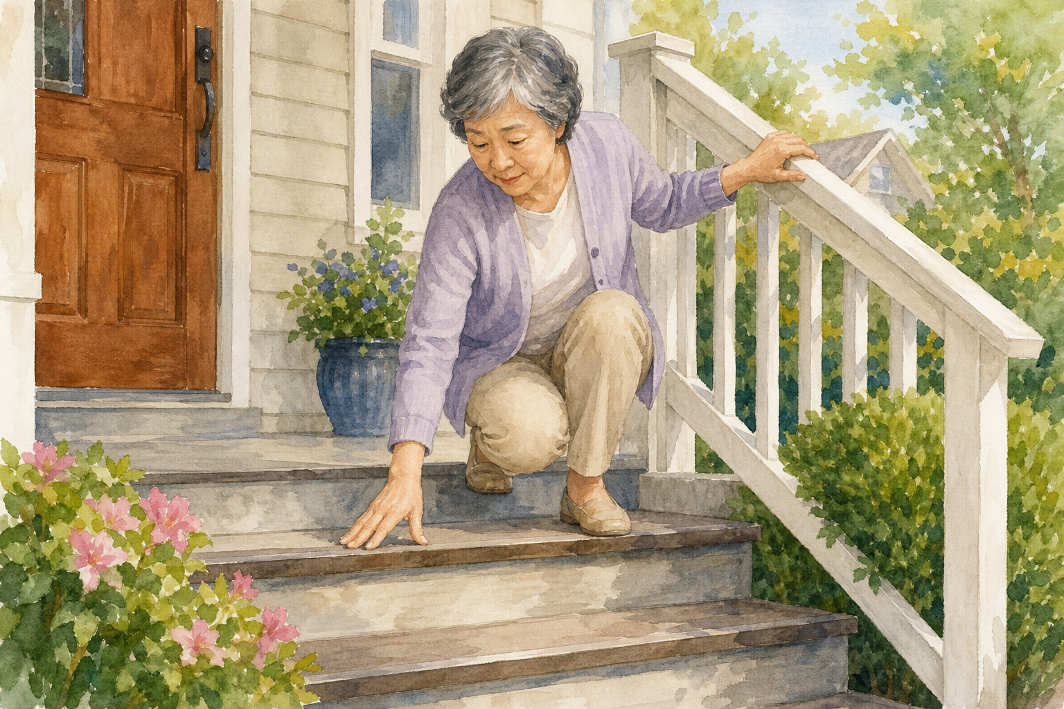 Watercolor illustration: older East Asian woman alone on outdoor porch steps, checking tread edges and handrail reach in daylight.