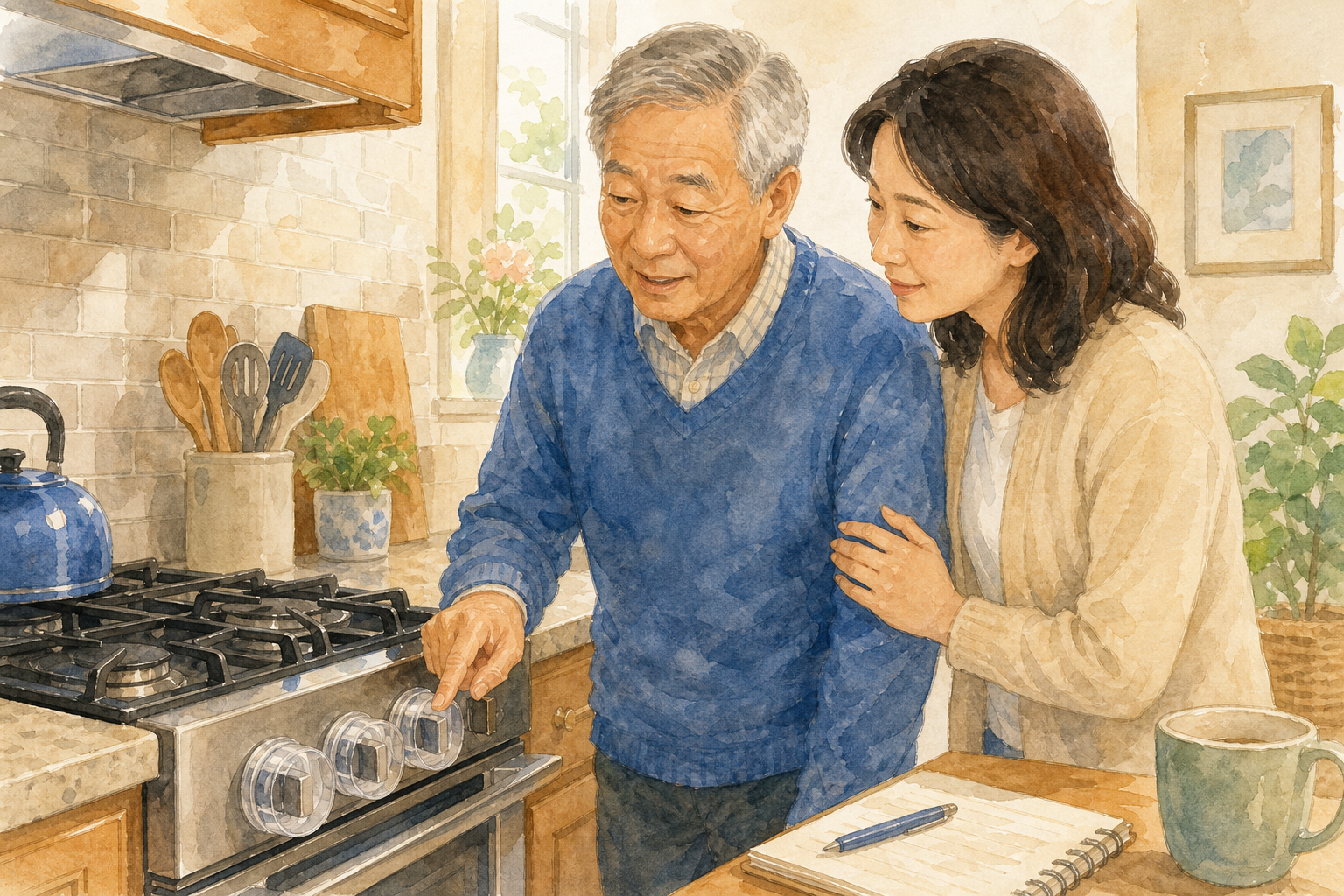 Watercolor illustration: older Asian man and adult daughter in a home kitchen reviewing clear stove knob covers on a gas range.