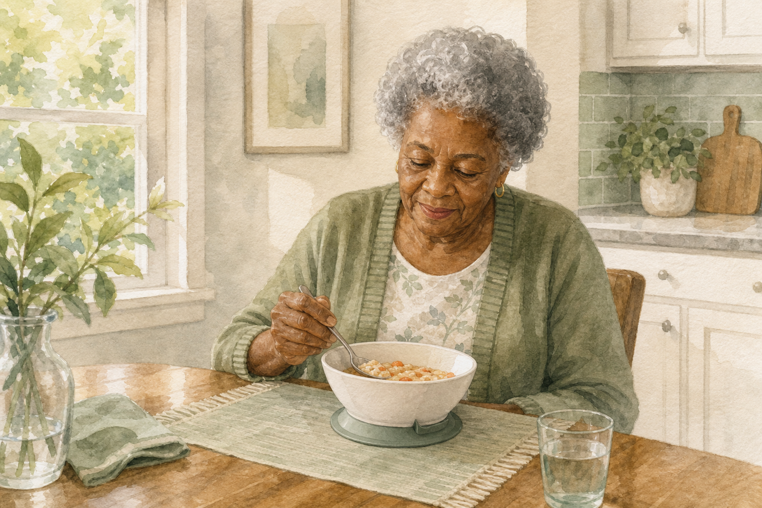Watercolor illustration: older Black woman alone at a sunny kitchen table eating from a bowl with a suction base on the placemat.