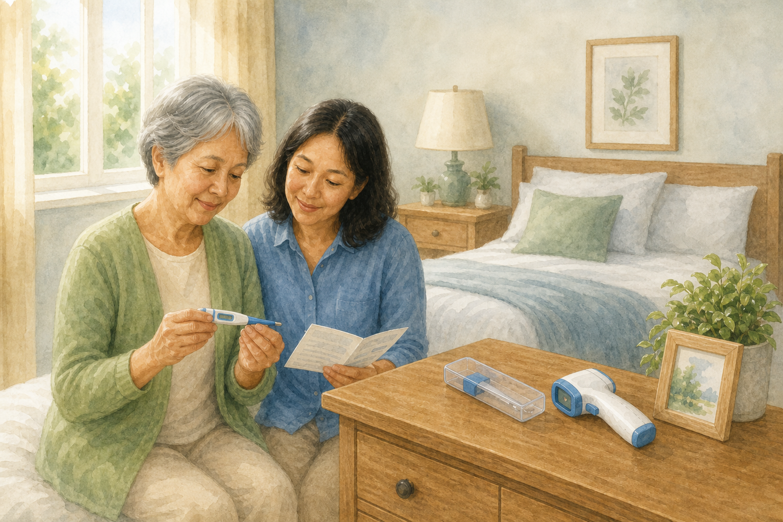 Older adult and another adult reviewing a digital home thermometer and its instructions on a bedroom dresser, with no readable temperature shown.