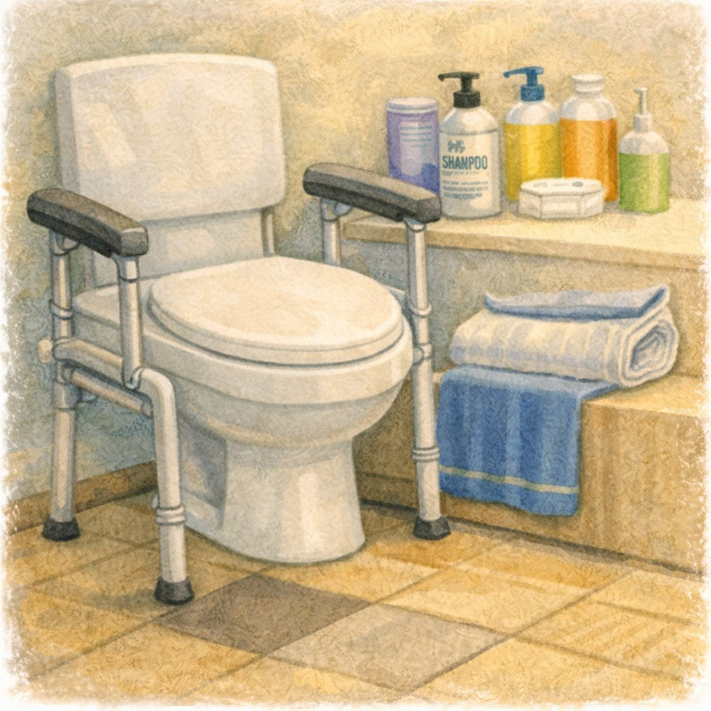 Toilet Safety Rails: Home Care Compass hero illustration: warm, plain bathroom home-safety scene for older adults; no text in the image.