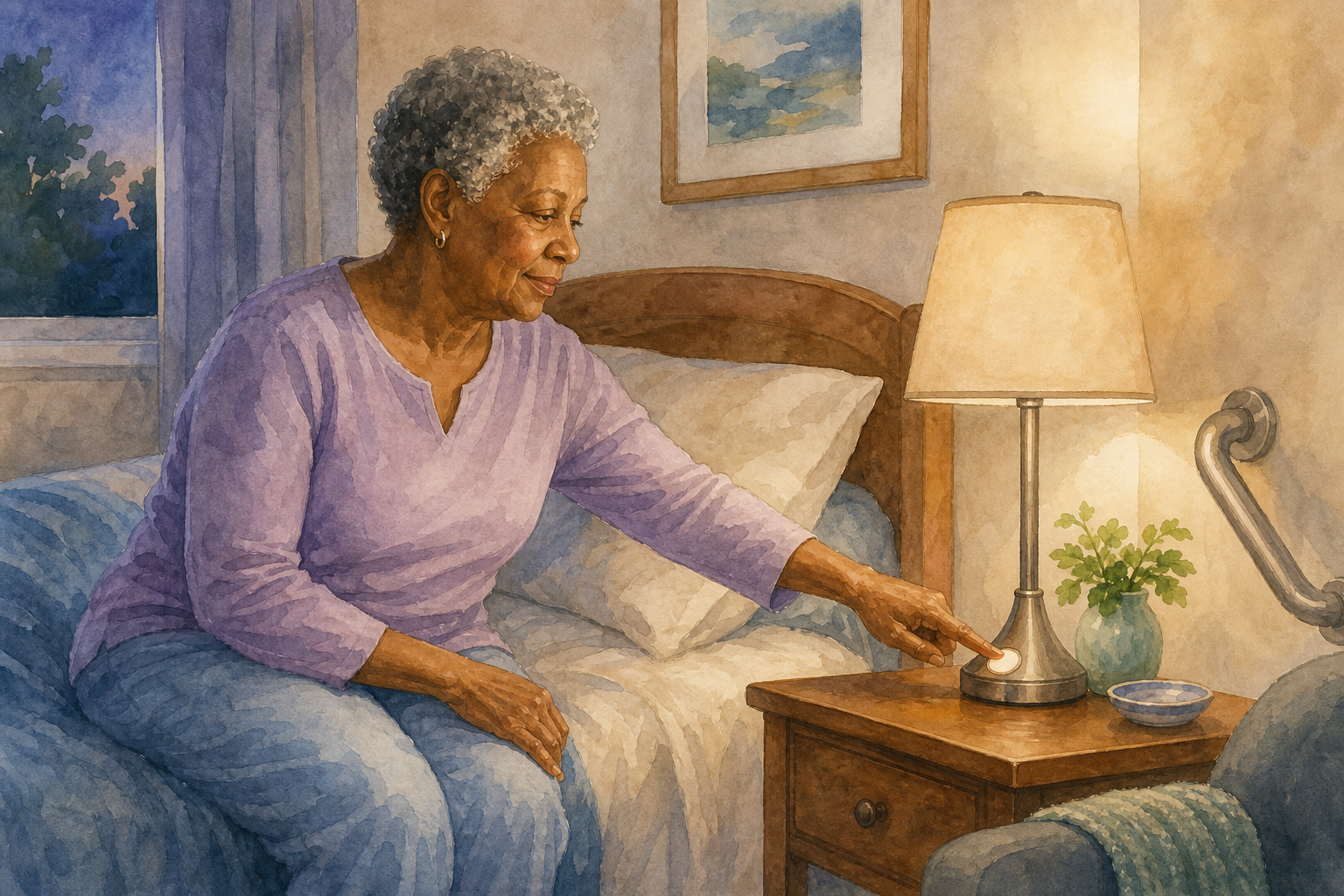 Watercolor illustration: older Black woman alone tapping a touch-base bedside lamp on a nightstand in soft evening light.