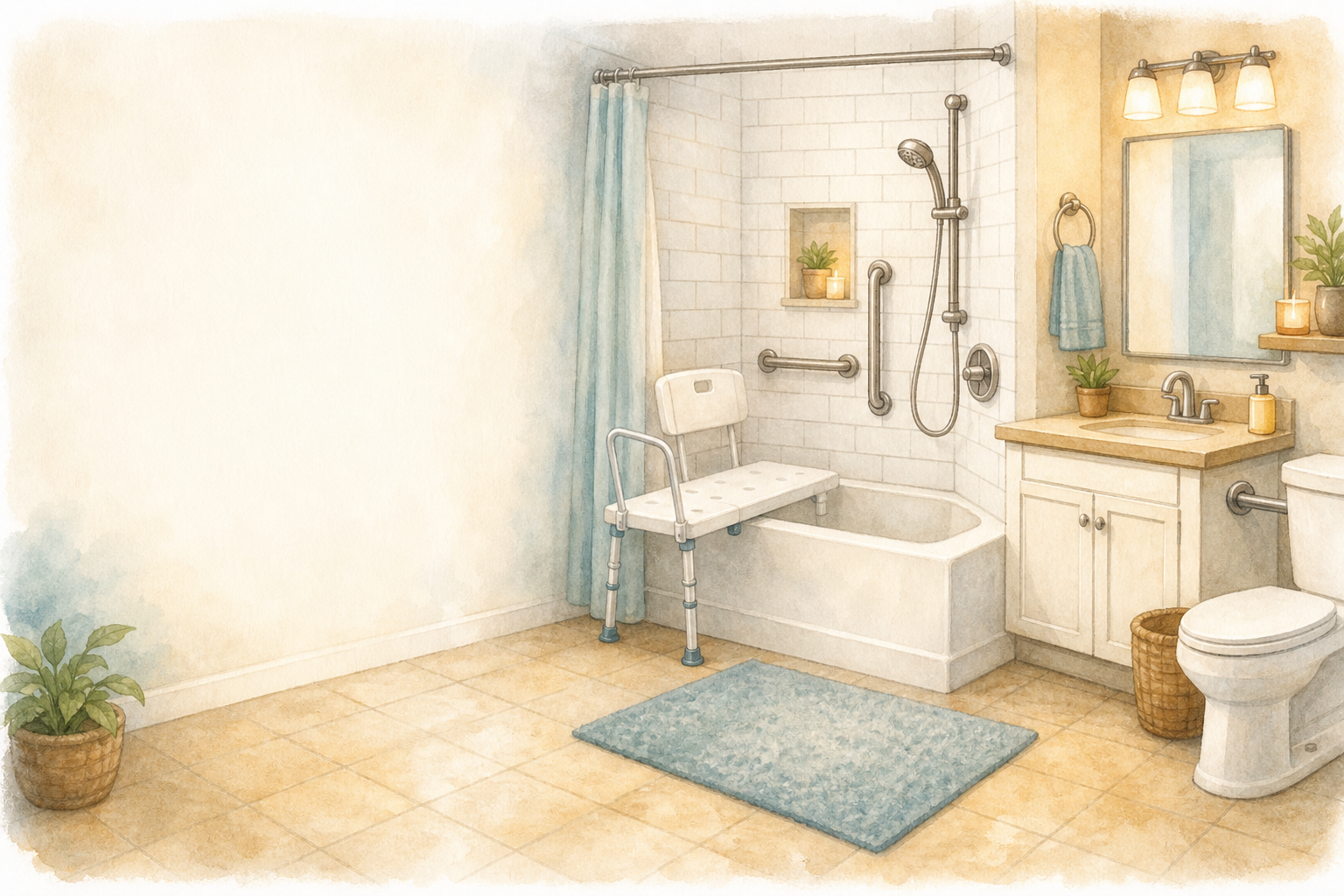 Illustration of a tub transfer bench spanning a bathtub wall.