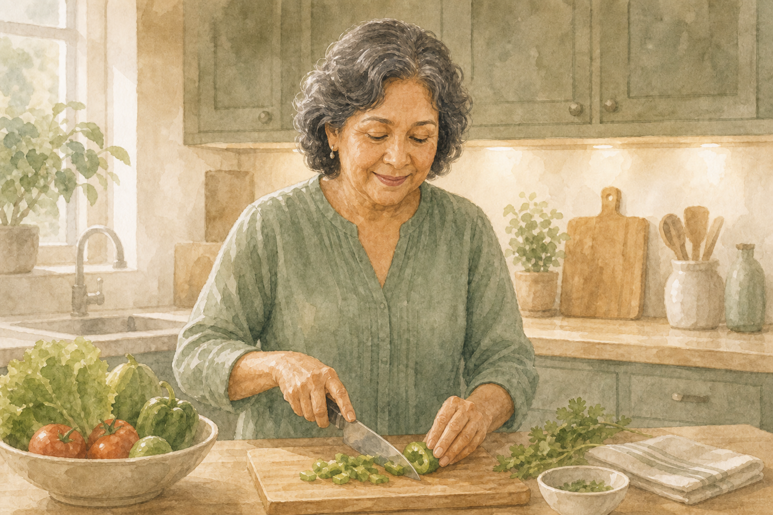 Under Cabinet Lighting — Home Care Compass hero illustration for families; warm editorial style; no text in the image.