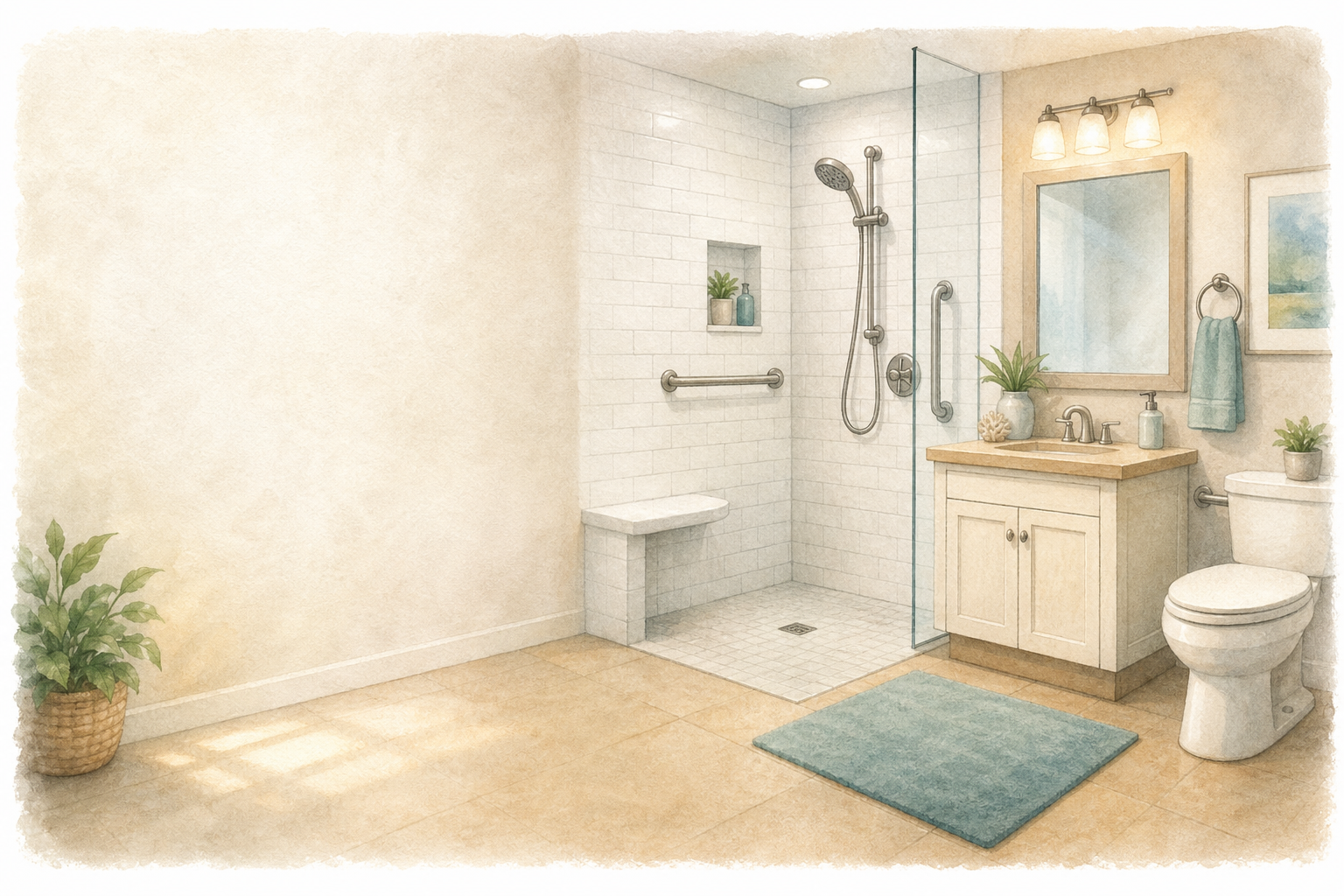 Walk-In Showers &amp; Tubs: Home Care Compass hero illustration: warm, plain bathroom home-safety scene for older adults; no text in the image.