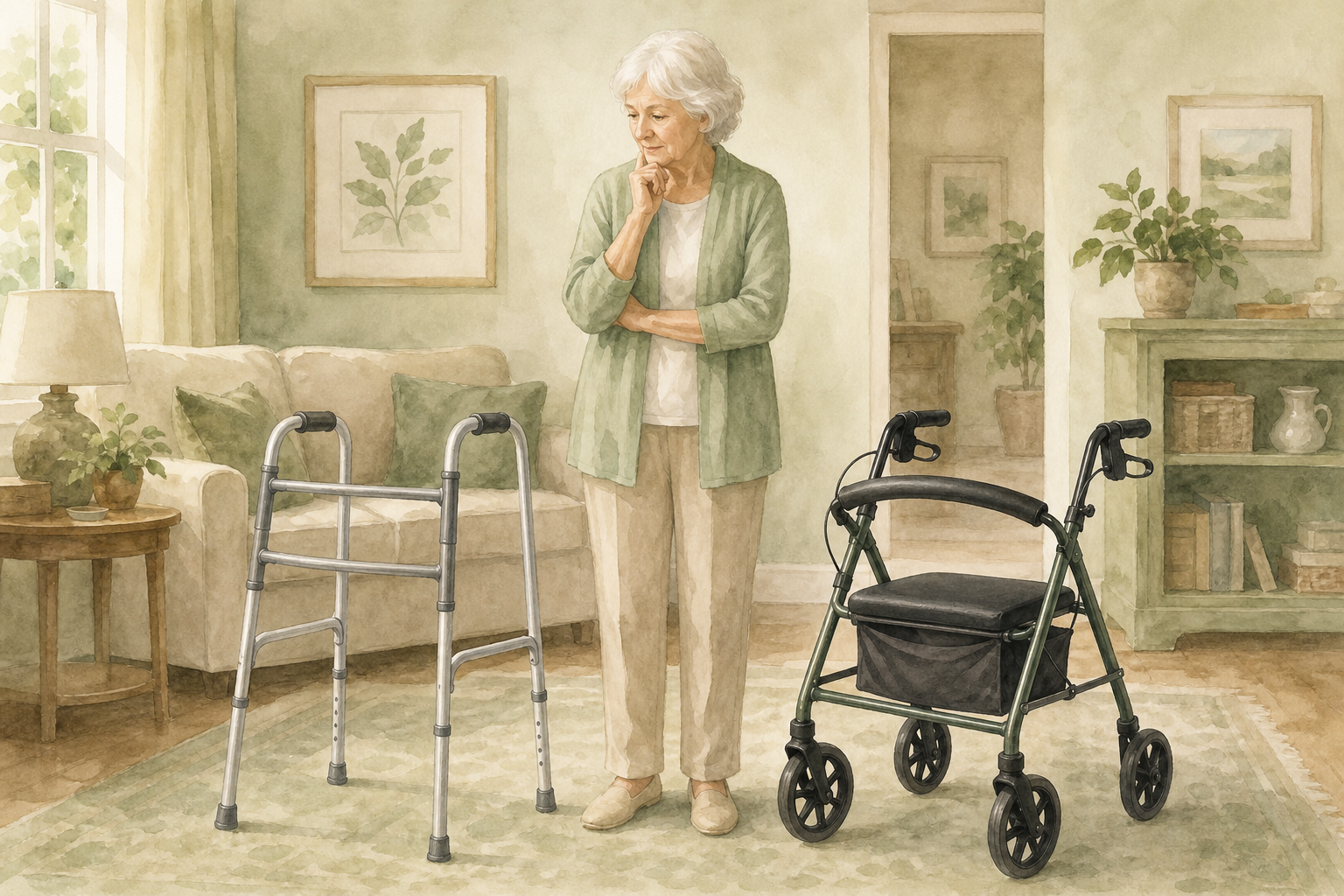 Older woman comparing a standard walker and four-wheel rollator.