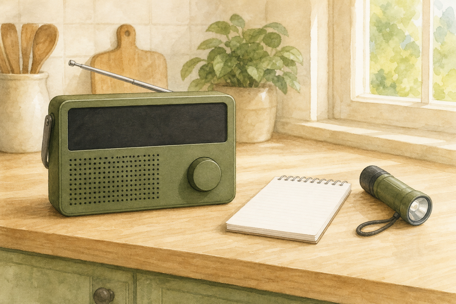 Weather-alert radio on a kitchen counter beside a notepad and small flashlight.