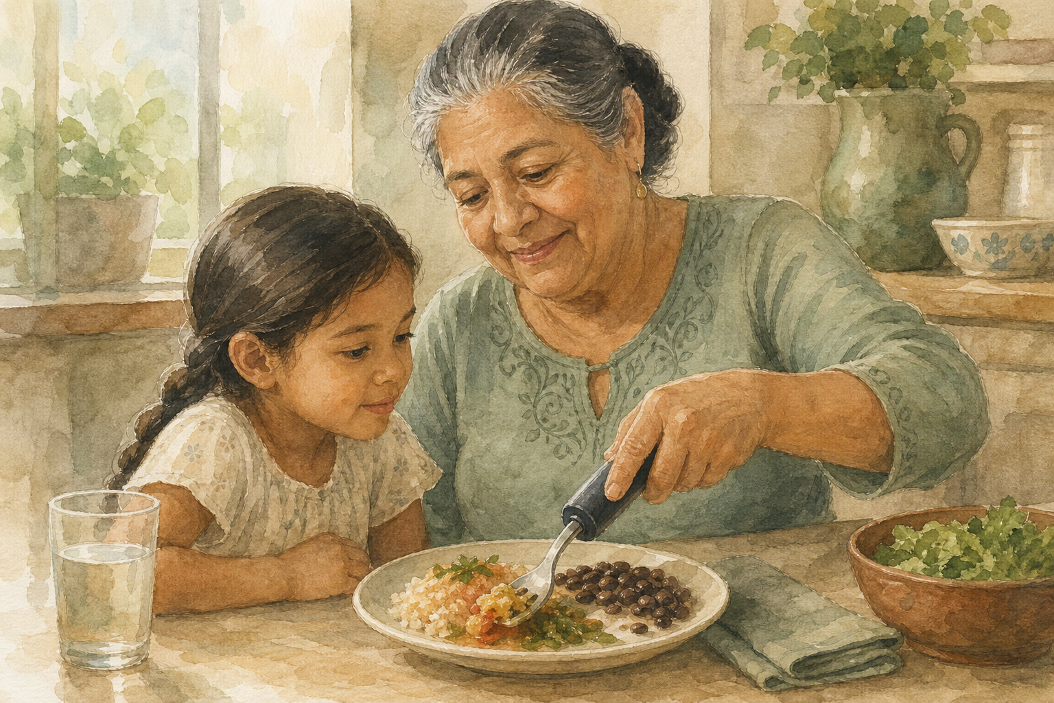 Watercolor illustration: older Latina grandmother and young grandchild at a table, grandparent using a weighted-handled utensil.