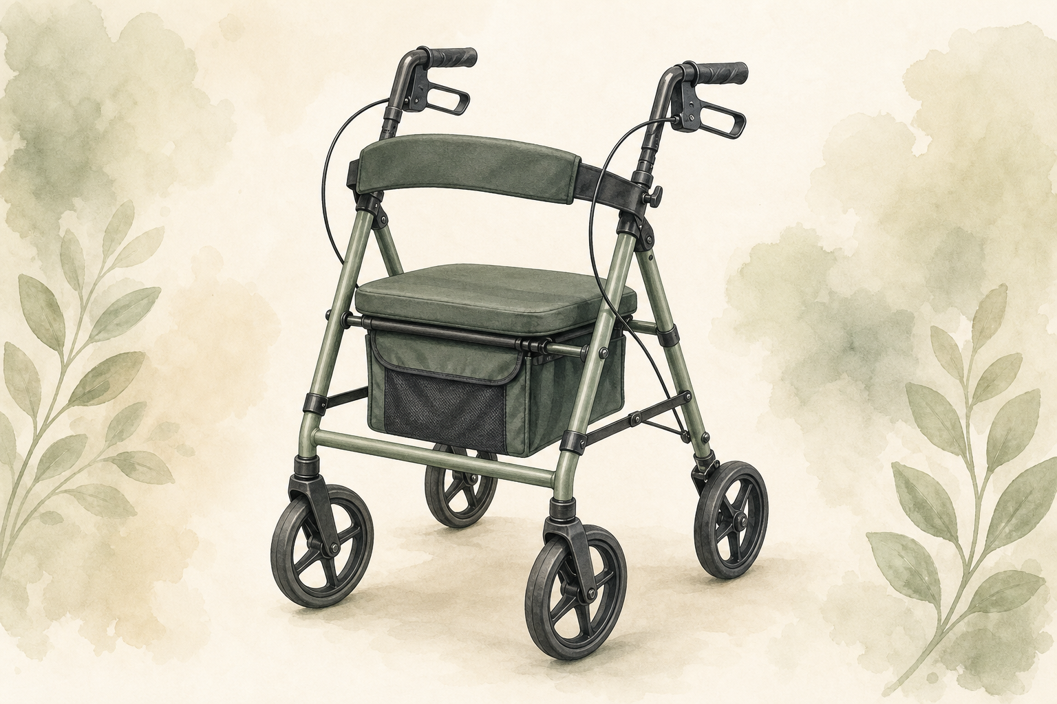 Four-wheel rollator with hand brakes, seat, backrest, and storage bag.