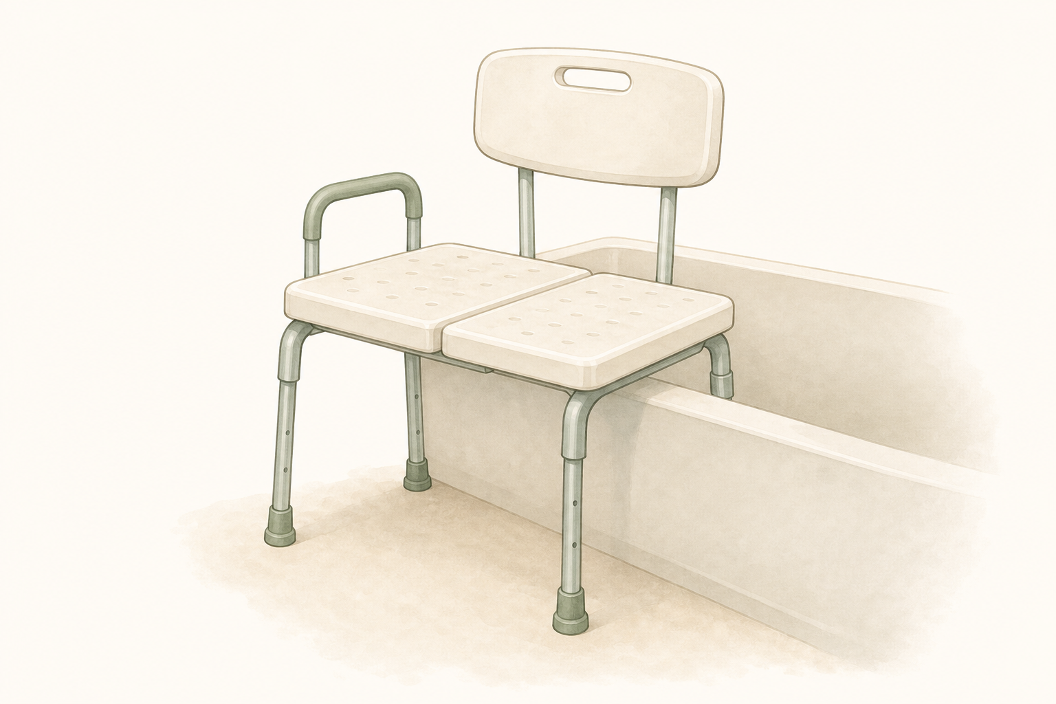 What Is a Transfer Bench? — Home Care Compass hero illustration: warm, plain bathroom home-safety scene for older adults; no text in the image.
