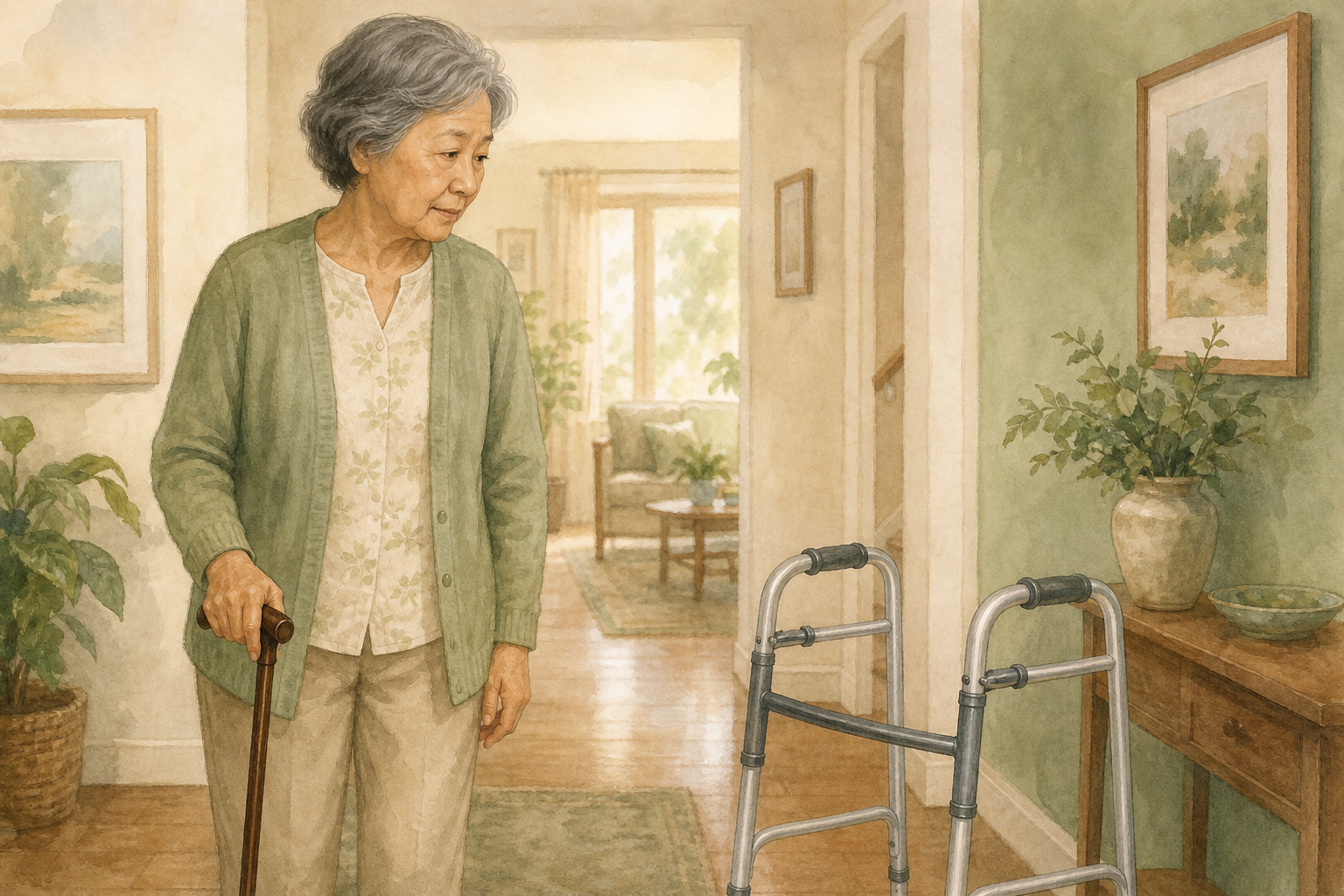 Older woman comparing a cane with a standard walker at home.